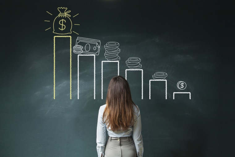 Image: Businesswoman looking at a financial chart on chalkboard