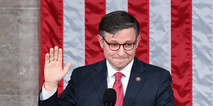 Speaker of the House-elect Mike Johnson, R-La., takes the oath at the Capitol on Oct. 25, 2023.