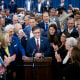 House Speaker nominee Rep. Mike Johnson (R-La.) speaks beside fellow members after being nominated for House Speaker at the U.S. Capitol on Oct. 24, 2023. 